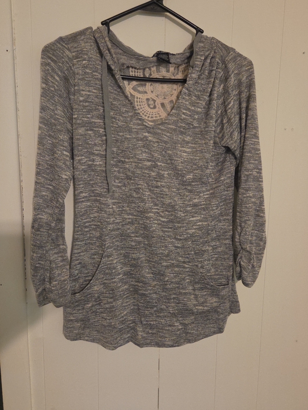 Miss Chievous Heather Gray Hooded Knit Top with Lace Inset